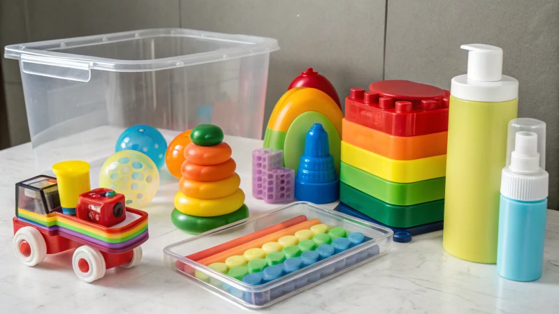 A collection of colorful plastic products on a neutral background