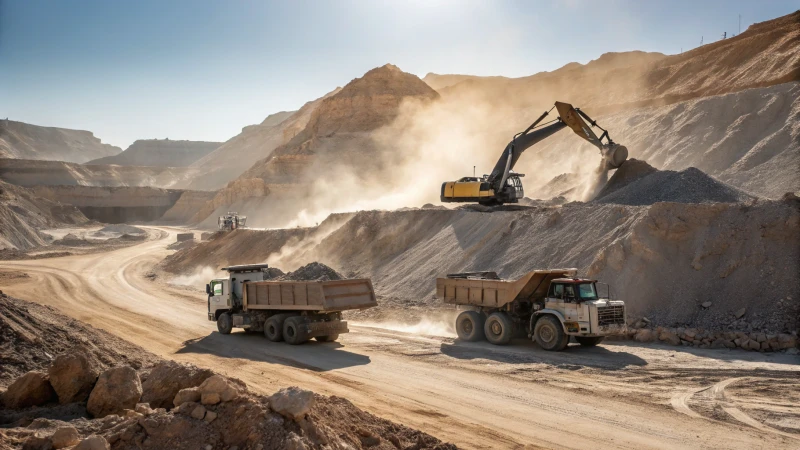 Mining site for titanium dioxide with excavators and trucks