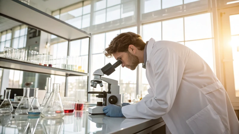 Scientist examining titanium dioxide under a microscope in a bright laboratory