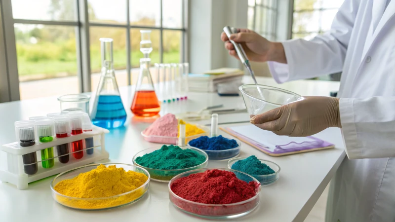 A scientist mixing titanium dioxide with pigments in a lab