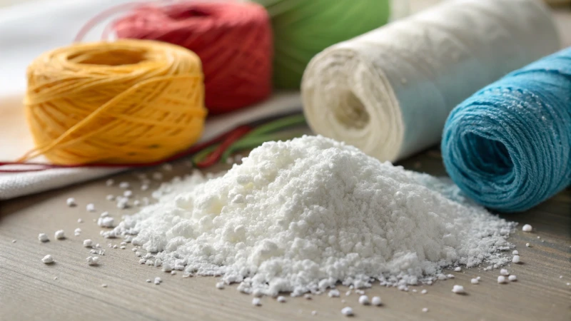 Close-up of colorful textile fibers coated with titanium dioxide