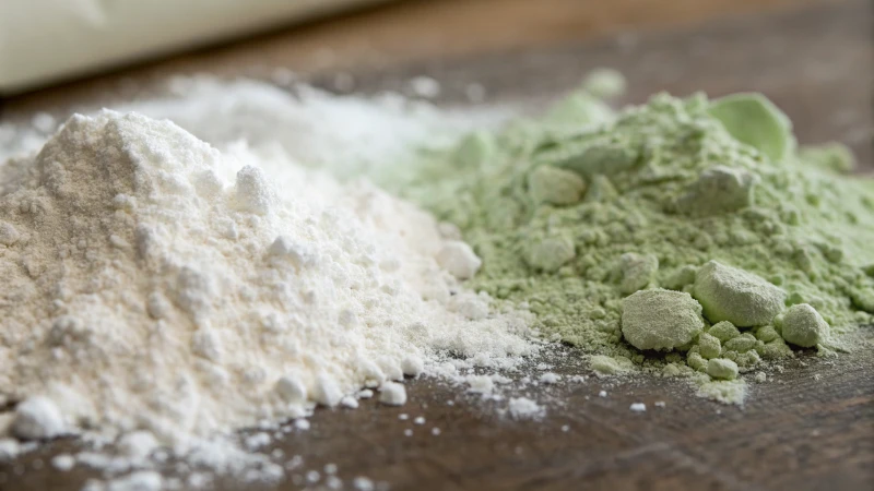 Close-up of titanium dioxide and talc powders on a textured surface