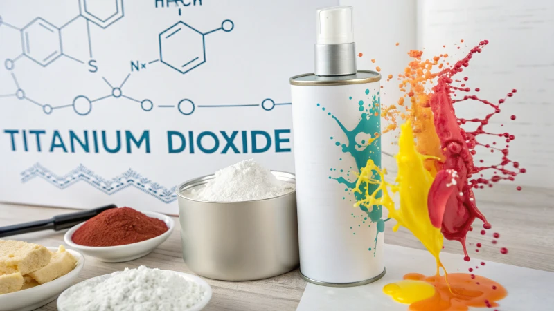 Photorealistic depiction of titanium dioxide in paint, cosmetics, and food products with an infographic timeline.
