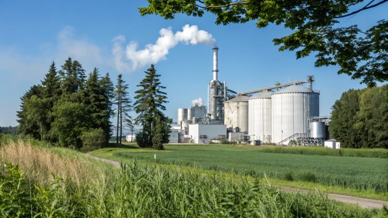 A modern titanium dioxide production facility in a green landscape