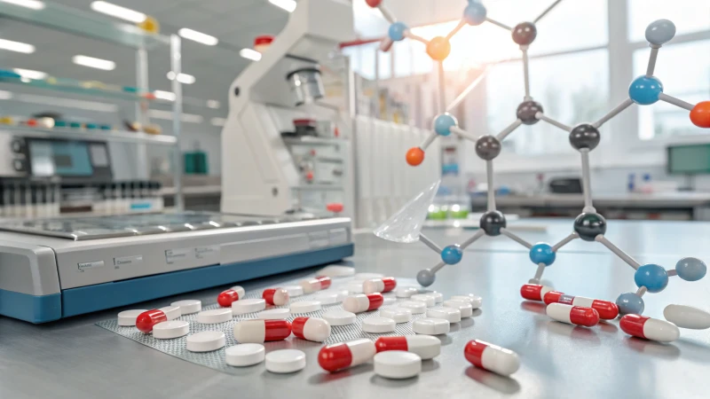Illustration of titanium dioxide molecules integrated with pharmaceutical products in a laboratory