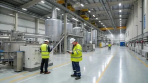 A modern titanium dioxide manufacturing facility with industrial machines and workers in safety gear.