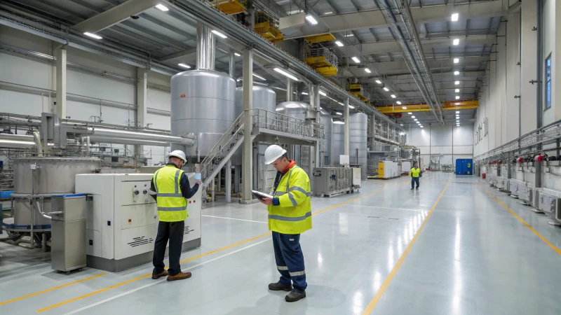 A modern titanium dioxide manufacturing facility with industrial machines and workers in safety gear.