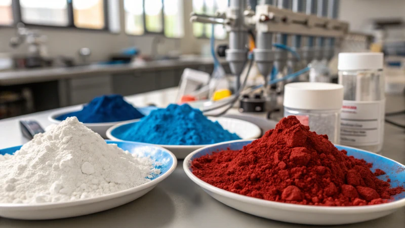Close-up of colorful titanium dioxide pigments on a laboratory workbench.