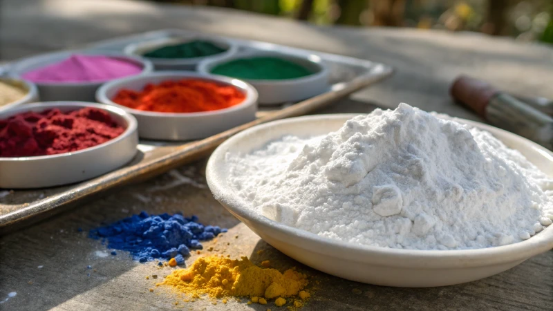 Close-up of titanium dioxide powder with colorful pigment powders