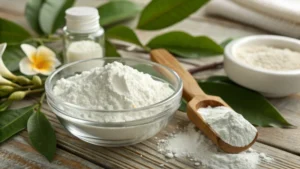 Close-up of titanium dioxide powder in a glass bowl with a wooden scoop