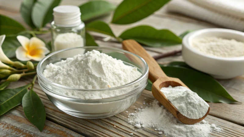Close-up of titanium dioxide powder in a glass bowl with a wooden scoop