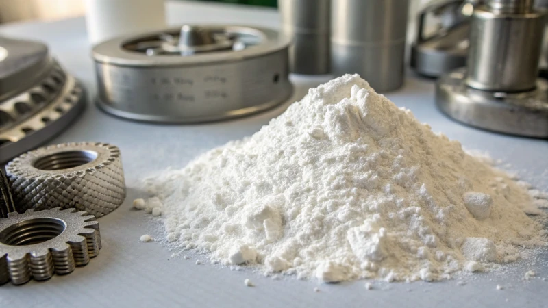 Close-up of titanium dioxide powder with metal 3D printed components in the background