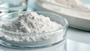 Close-up of titanium dioxide powder in a glass container