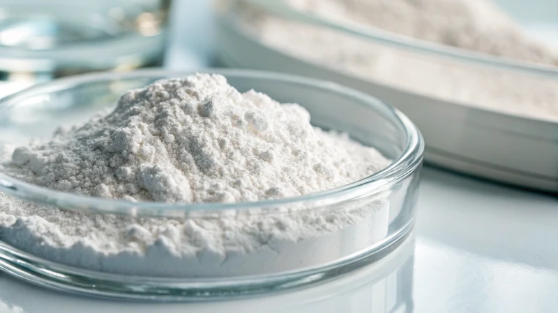 Close-up of titanium dioxide powder in a glass container