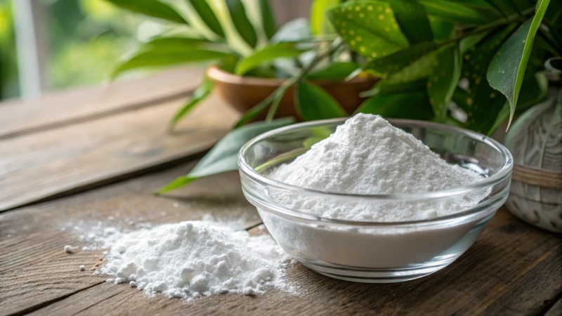 Close-up of titanium dioxide powder in a clear bowl on a wooden table with a plant in the background.