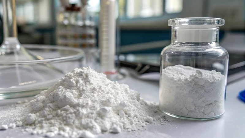 Close-up of titanium dioxide powder in a glass vial