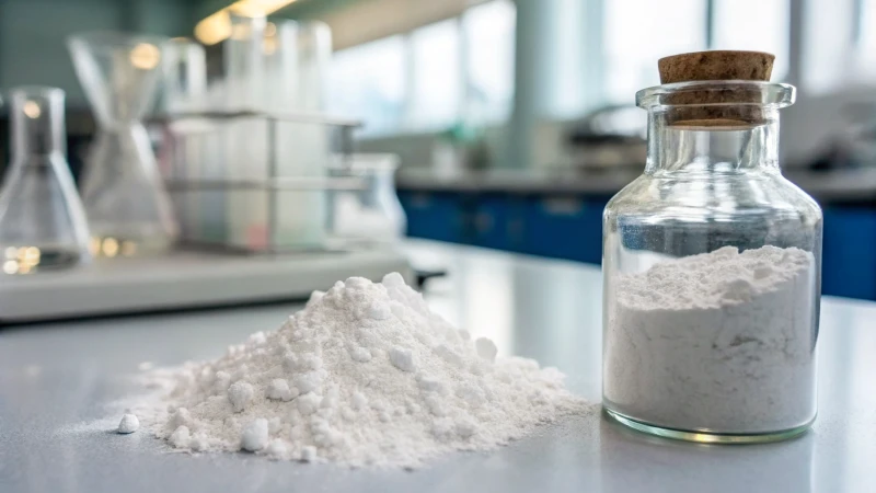 Close-up of titanium dioxide powder in a glass vial on a lab bench