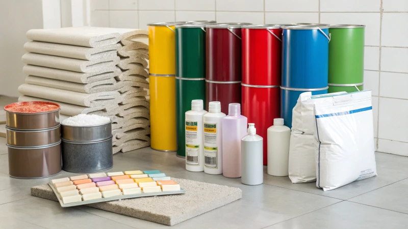 A bright display of products containing titanium dioxide including paint cans, cosmetic bottles, and construction materials