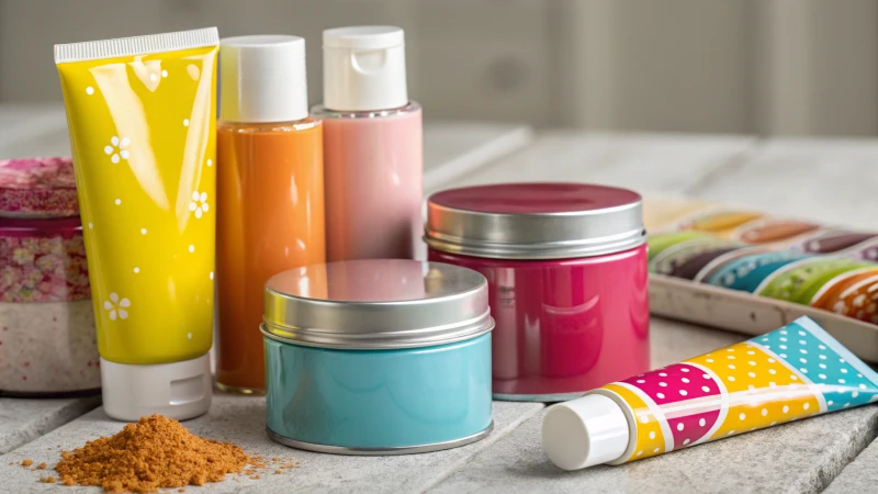 An assortment of products containing titanium dioxide, including paint cans, cosmetic jars, and food packaging