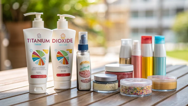 A colorful display of consumer products containing titanium dioxide on a wooden table