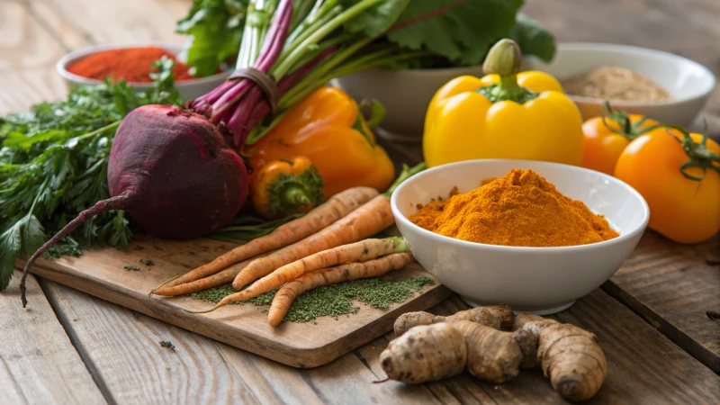 A vibrant display of fruits and vegetables on a rustic wooden table.